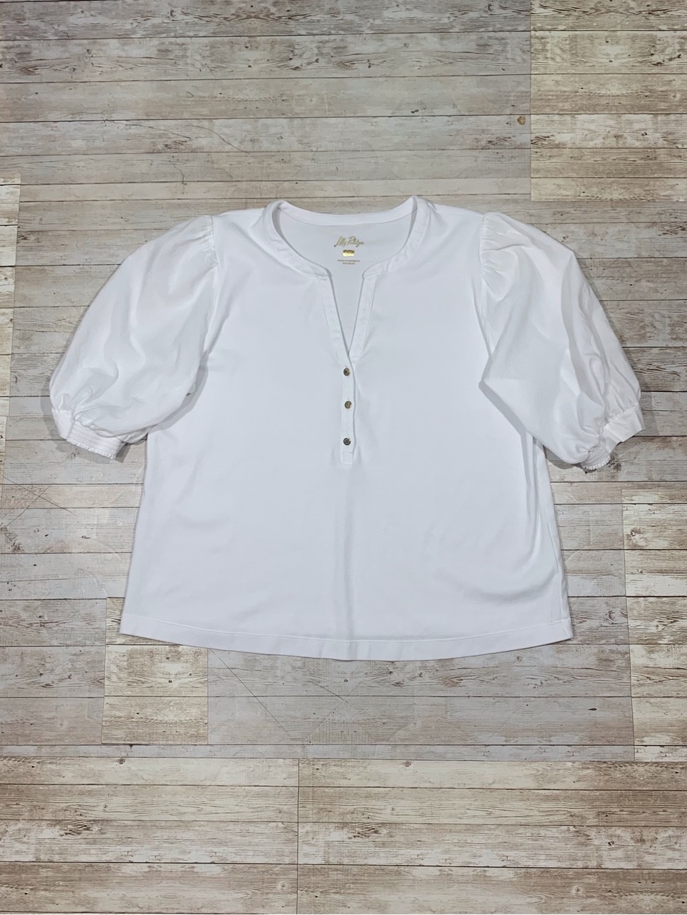 Lilly Pulitzer Ronson Knit V Neck Top Short Sleeve Puff Sleeve White Size XXL